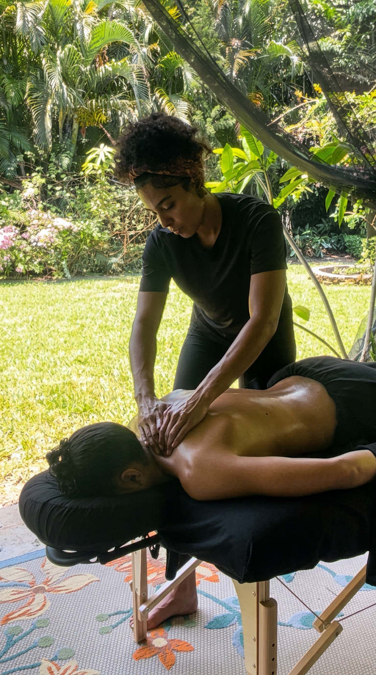 A massage on an outdoor table in the garden at the lake-house